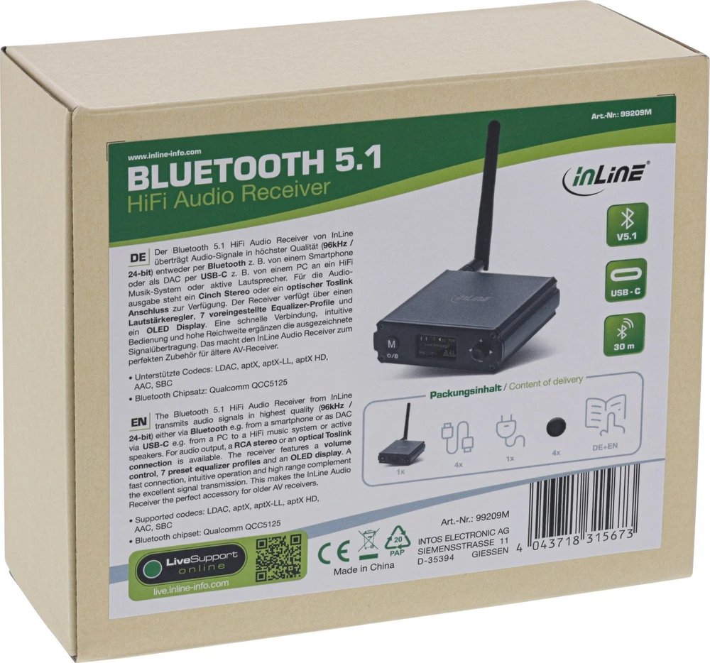 „InLine® Bluetooth 5.1 HiFi“ imtuvas ir USB DAC su LCD ekranu