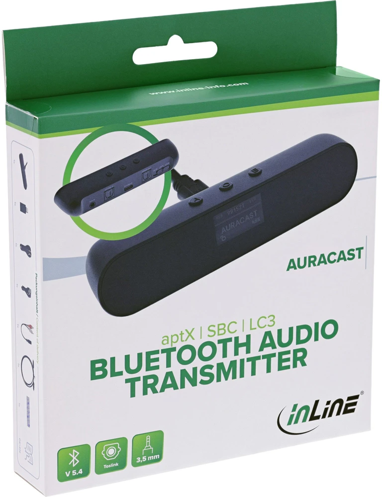 InLine ® „Bluetooth“ garso siųstuvas, ekranas, siųstuvas, BT5.4, jack lizdas + Toslink