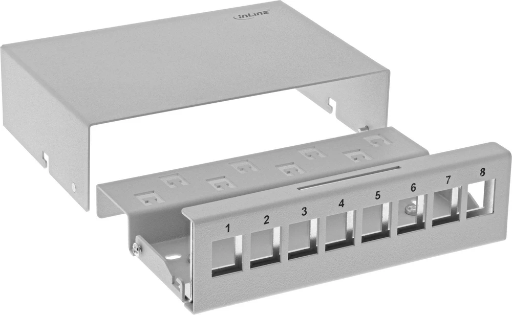 „InLine®“ darbalaukio konsolidavimo taškų dėžutė, 8 vnt. „Keystone“ RJ45, metalinė, šviesiai pilka RAL7035