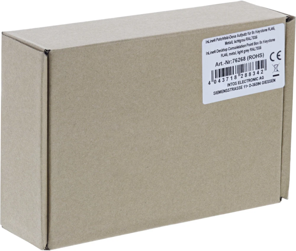 „InLine®“ darbalaukio konsolidavimo taškų dėžutė, 8 vnt. „Keystone“ RJ45, metalinė, šviesiai pilka RAL7035