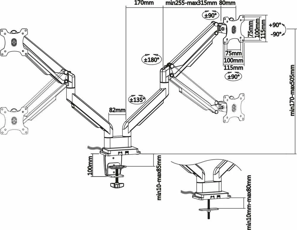 „InLine Laikiklis“ stalas su pakėlimo mechanizmu ir USB 3.0 jungtimi, skirtas 2 monitoriams - 32 colių (23171S)