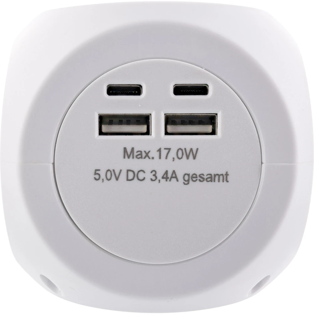 „InLine®“ įkrovimo kubas, 3 įžeminimo kontaktai, 2 USB-C, 2 USB-A, baltas, 2 m