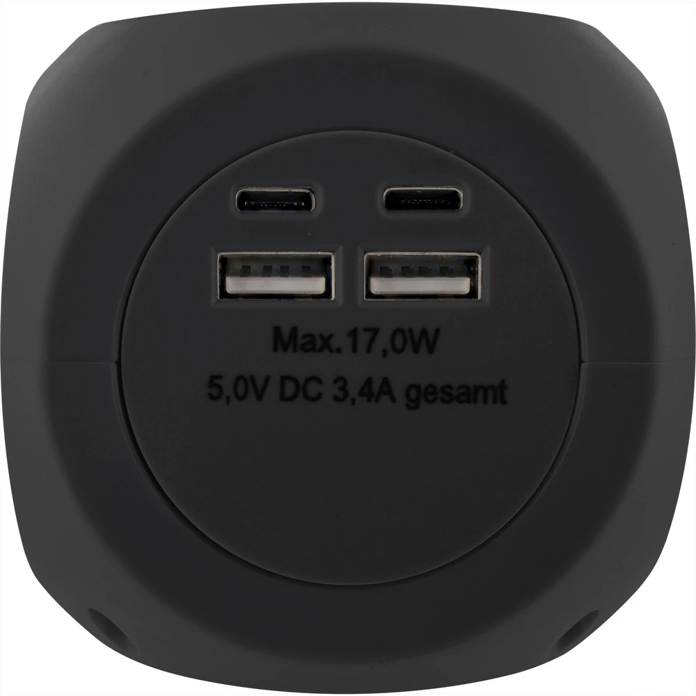„InLine®“ įkrovimo kubas, 3 įžeminimo kontaktai, 2 USB-C, 2 USB-A, juodas, 2 m