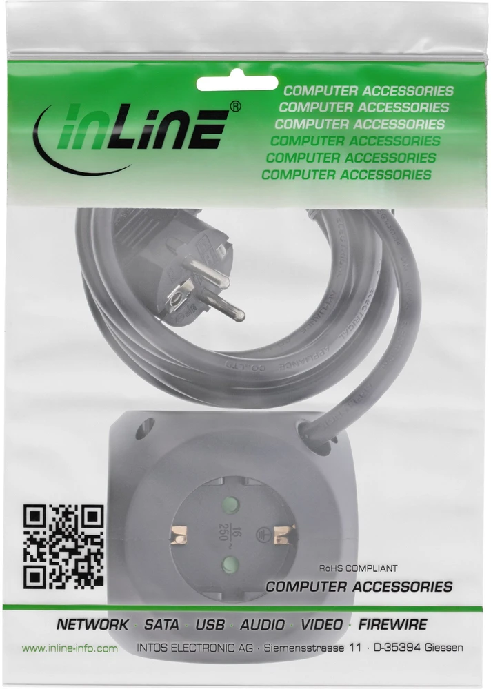 „InLine®“ įkrovimo kubas, 3 įžeminimo kontaktai, 2 USB-C, 2 USB-A, juodas, 2 m