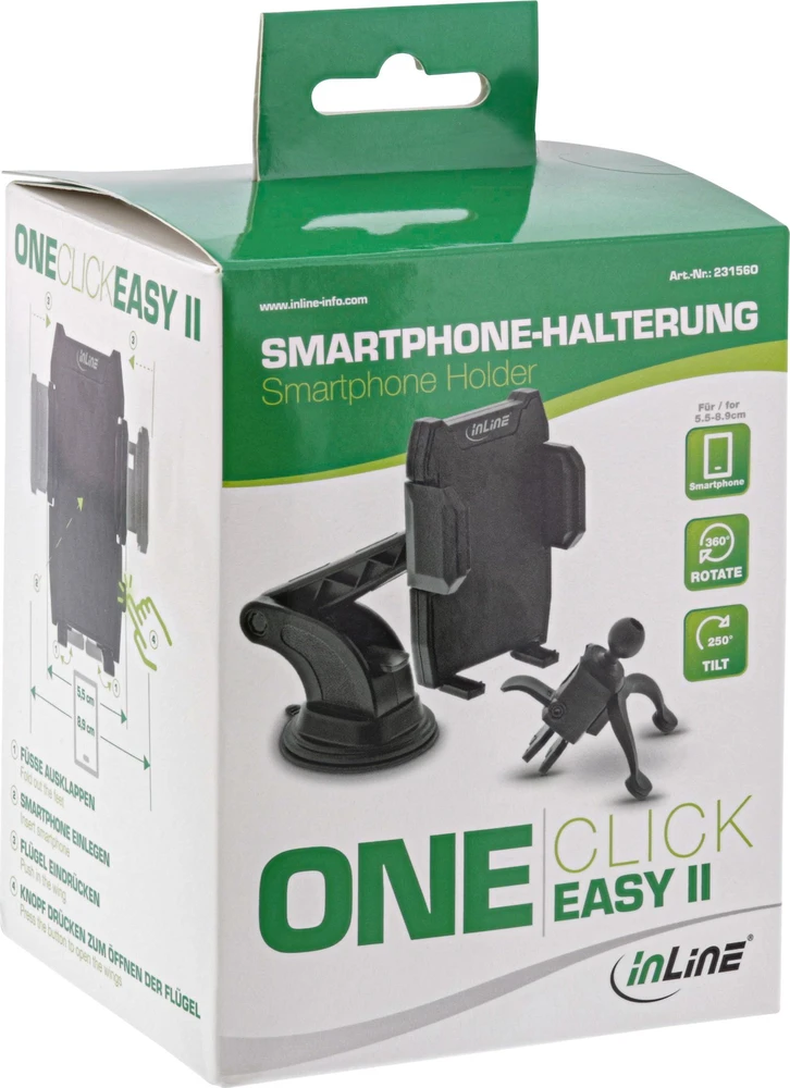 InLine® išmaniojo telefono priekinis stiklas Automobilinis laikiklis su siurbtuku arba ventiliacijos grotelėms, ONE CLICK EASY II, universalus