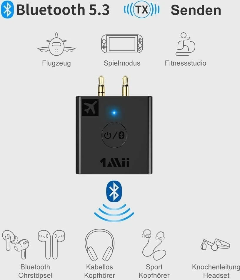 „InLine ®“ lėktuvo „Bluetooth“ garso siųstuvas, BT 5.0, aptX HD/LL, skrydžio adapteris su įkrovimo dėklu