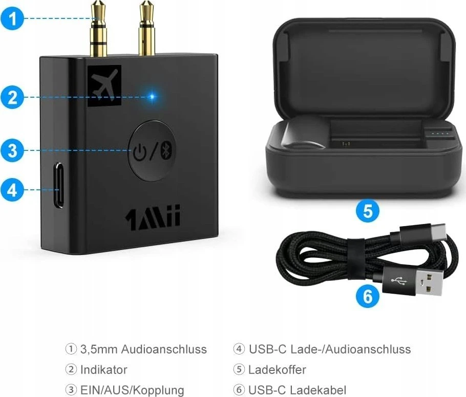 „InLine ®“ lėktuvo „Bluetooth“ garso siųstuvas, BT 5.0, aptX HD/LL, skrydžio adapteris su įkrovimo dėklu