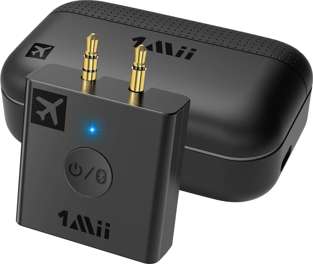 „InLine ®“ lėktuvo „Bluetooth“ garso siųstuvas, BT 5.0, aptX HD/LL, skrydžio adapteris su įkrovimo dėklu