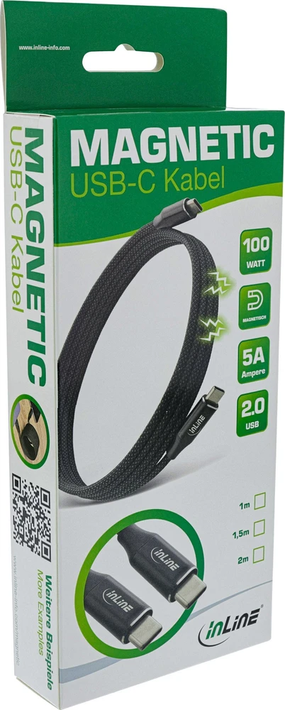 InLine® Magnetic USB-C cable, USB-C male/male, 100W, juodas, 1.5m