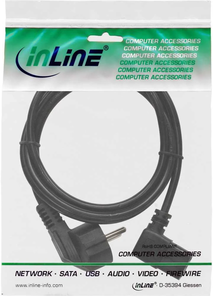 Maitinimo kabelis InLine® Netzkabel, Schutzkontakt gew. auf Kaltgerätest. C13 rechts abgew., 5m