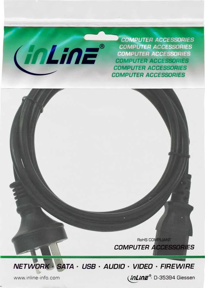 InLine® maitinimo kabelis, Australija iki 3 kontaktų IEC C13, juodas, 5,0 m