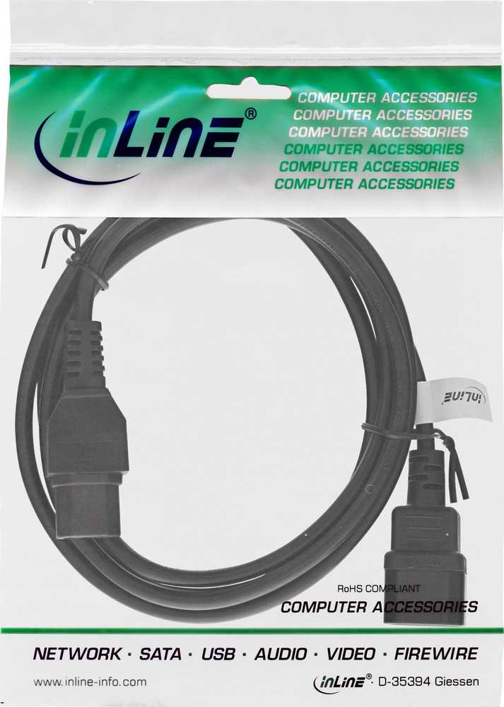 „InLine®“ maitinimo kabelio prailginimas, karšto naudojimo jungtis IEC-C15 tiesus į IEC-C14 tiesus, 5 m, juodas