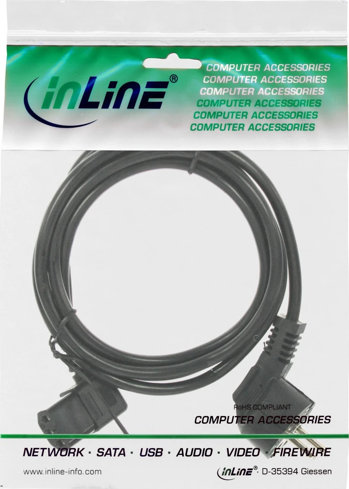 InLine® Maitinimo kabelis, Schutzkontakt kampas į C13 kairėje angeled, juodas, 5m