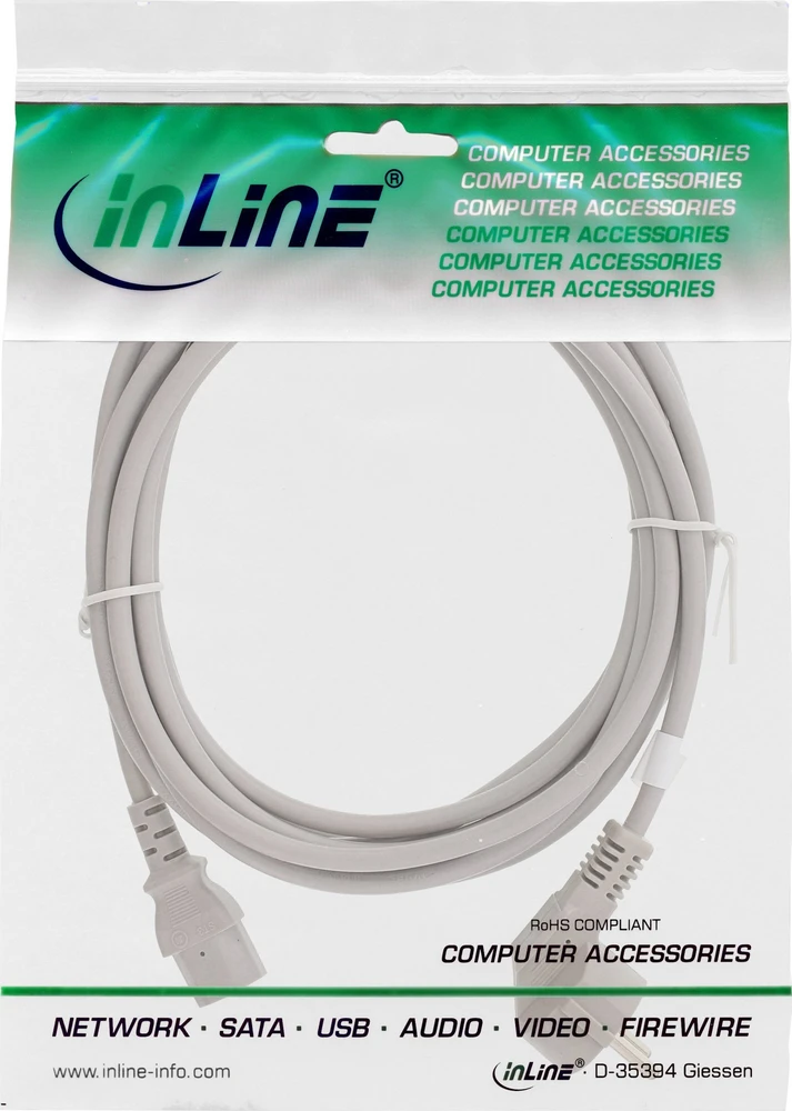 InLine® maitinimo kabelis vokiškas iki 3 kontaktų IEC C13 5 m pilkas