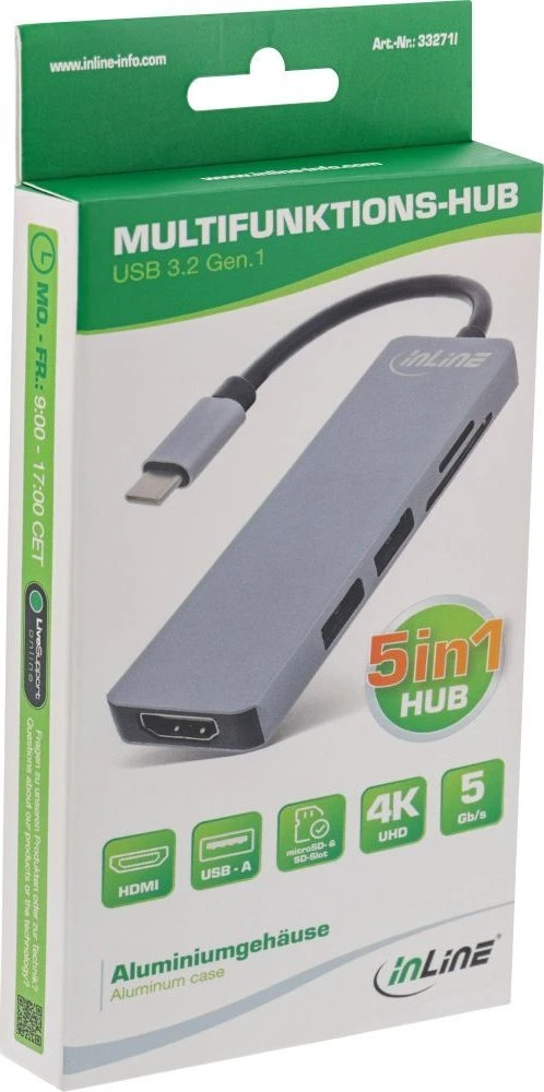InLine daugiafunkcis šakotuvas USB 3.2, 2x USB-A, HDMI, kortelių skaitytuvas