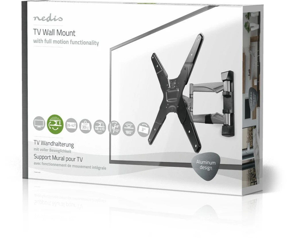 Laikiklis Nedis Wall Mount Full Motion - skirtas ekranams nuo 26 iki 42 colių, pakreipimas +8°/-12°, keliamoji galia 30kg