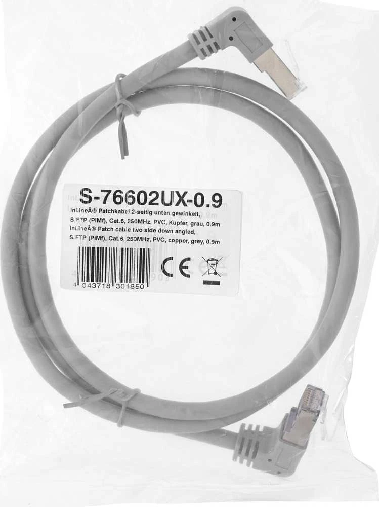 InLine® Patch kabelis dvipusis žemyn kampu, S/FTP (PiMf), Cat.6, 250MHz, PVC, varinis, pilkas, 1,1m