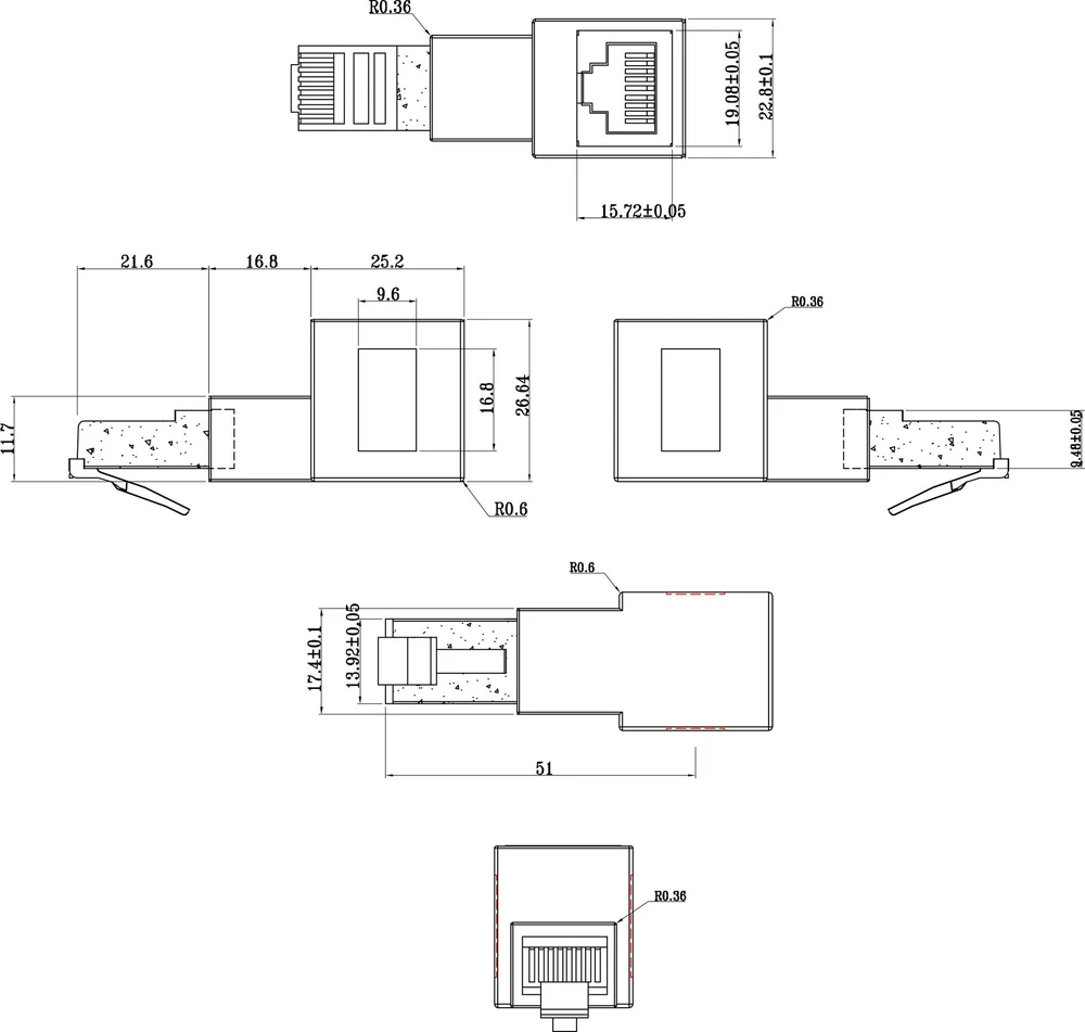 InLine® pataisymo laido adapteris Cat.6A, RJ45 kištukas / lizdas, 90° kampu žemyn