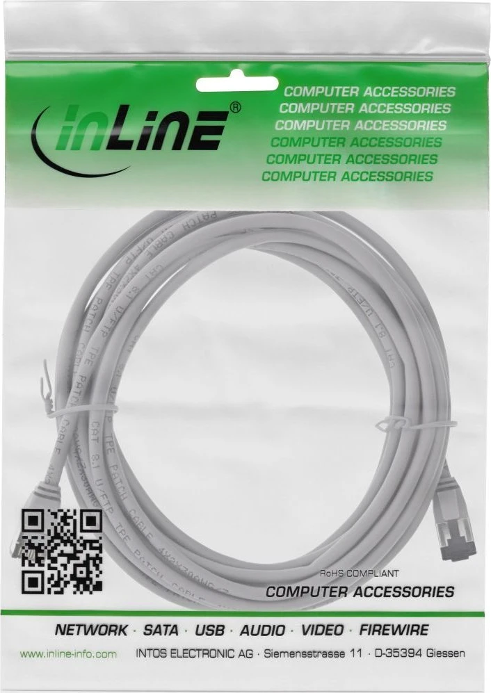 InLine® Patch kabelis plonas, U/FTP, Cat.8.1, TPE be halogenų, pilkas 10 m