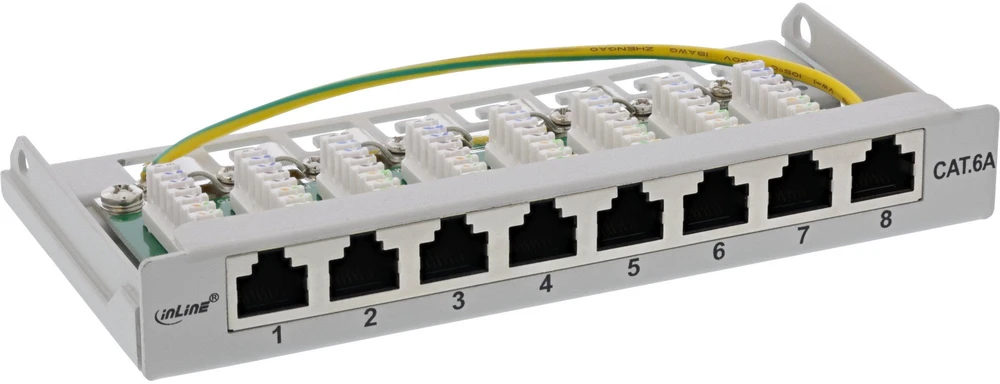 InLine® „Patch panel“ Cat.6A 0.5U 8 prievadų, montuojamas ant stalo/sienos, šviesiai pilkas, RAL7035