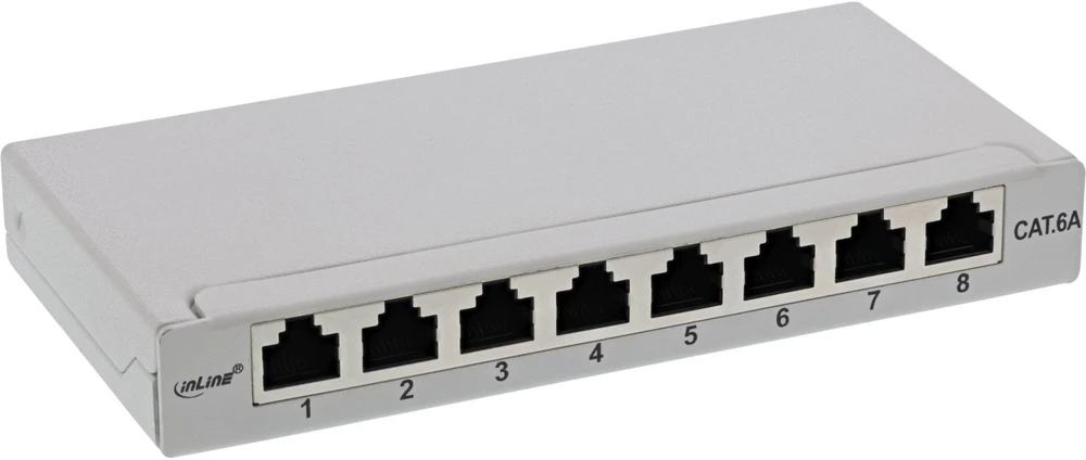 InLine® „Patch panel“ Cat.6A 0.5U 8 prievadų, montuojamas ant stalo/sienos, šviesiai pilkas, RAL7035