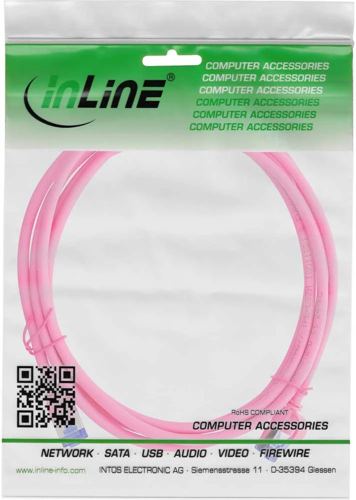 InLine „Slim Cat.6A“ tinklo kabelis, S/FTP, TPE (LSZH), lankstus, PoE, rausvas, 5 m (74905M)