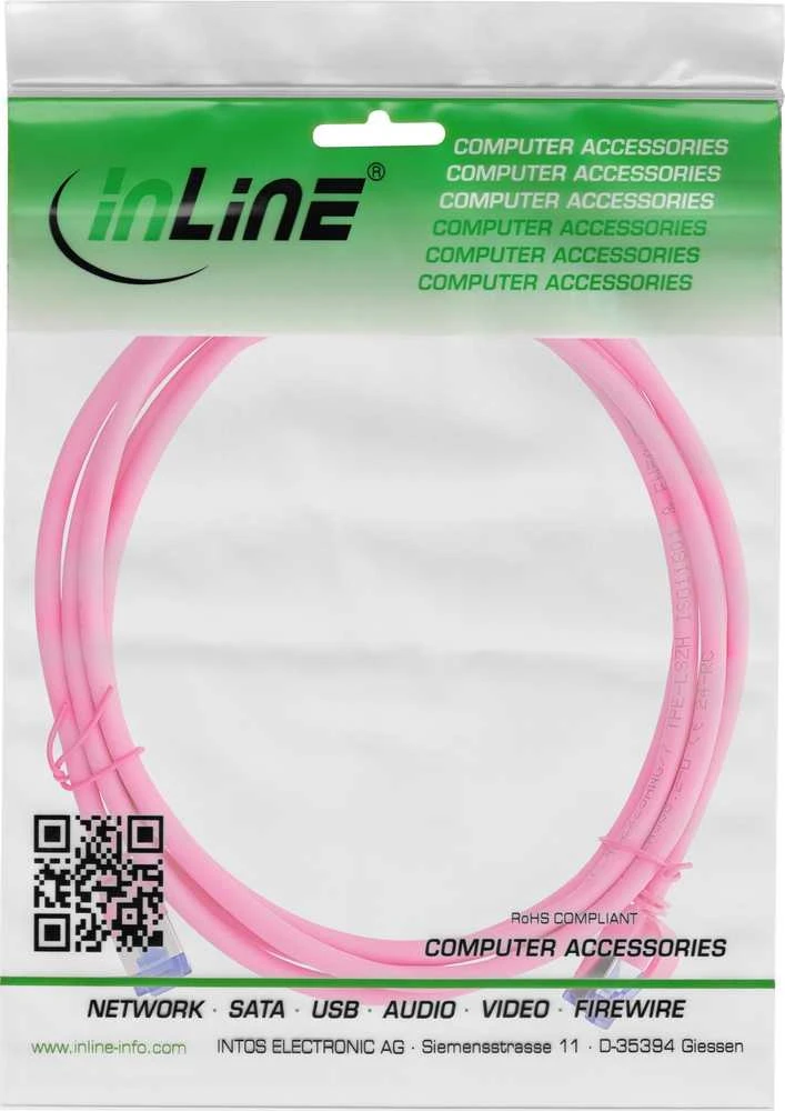 InLine tinklo kabelis Slim Cat.6A, S/FTP, TPE (LSZH), lankstus, PoE, rožinis, 15 m (74915M)