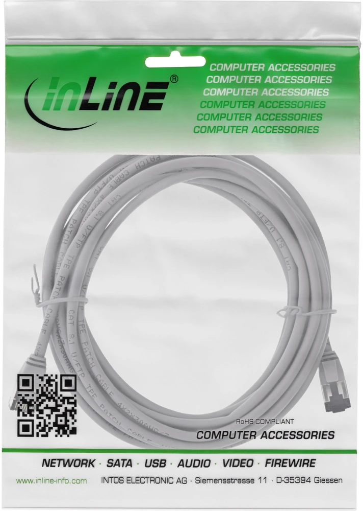 InLine® tinklo kabelis slim, U/FTP, Cat.8.1, TPE be halogenų, pilka, 5m
