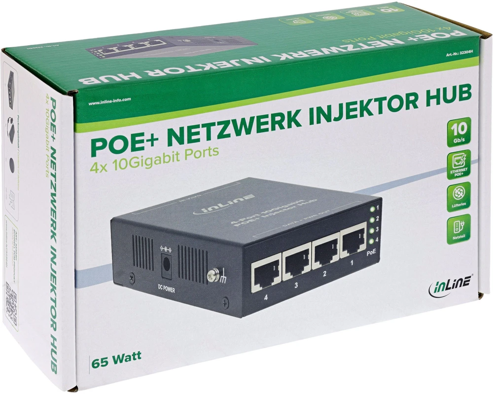 InLine PoE+ 10 gigabitų injektoriaus šakotuvas 4 prievadai (4x PoE+) 10Gb/s metalinis be ventiliatoriaus