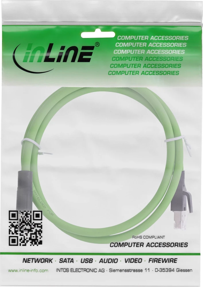 InLine® Pramoninis tinklo kabelis, M12 4 kontaktų D koduotas kištukas prie RJ45, PUR 2m