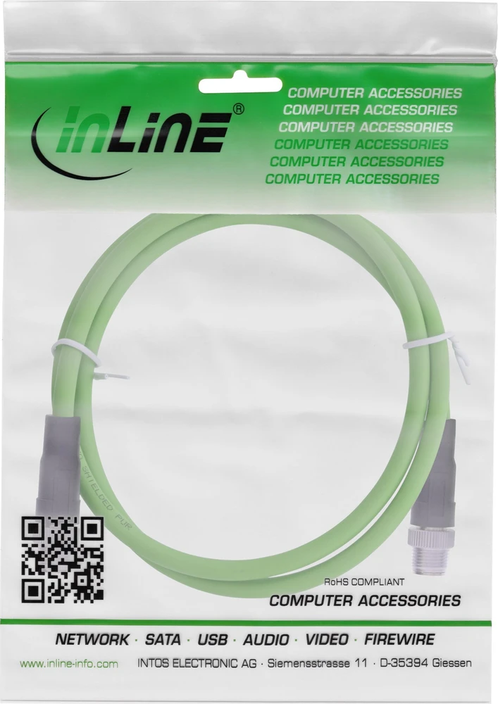 InLine® Pramoninis tinklo kabelis, M12 8 kontaktų X-koduotas kištukas/vyras, Cat.6A PUR 20m