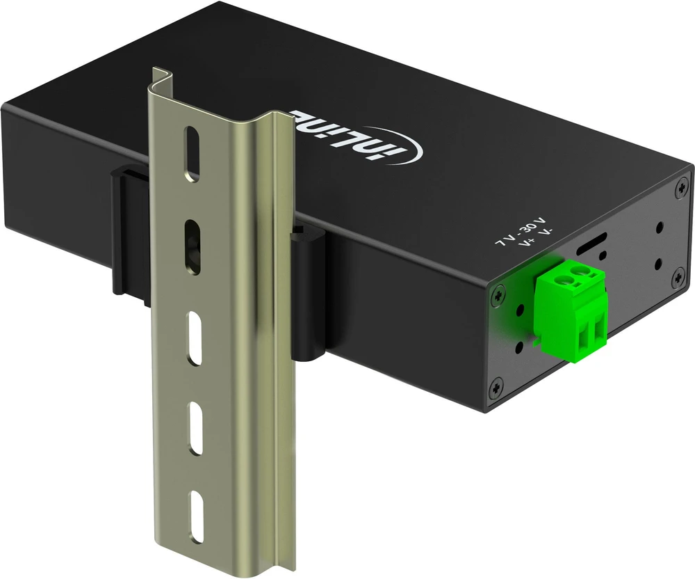 „InLine“ pramoninis USB šakotuvas 3.2 „Gen 1“ – 7 prievadai – aliuminio korpusas – montuojamas ant DIN bėgelio – 5 Gbps – modelis 33456B – juodas