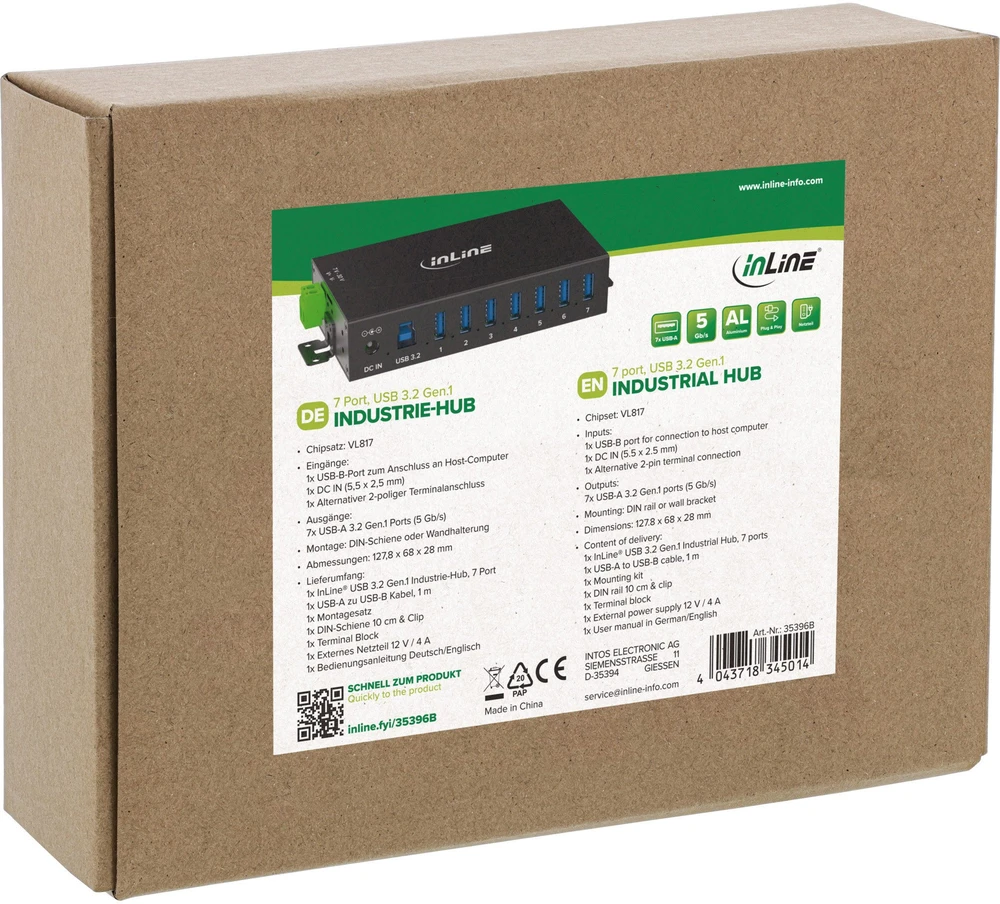 „InLine“ pramoninis USB šakotuvas 3.2 „Gen 1“ – 7 prievadai – aliuminio korpusas – montuojamas ant DIN bėgelio – 5 Gbps – modelis 33456B – juodas