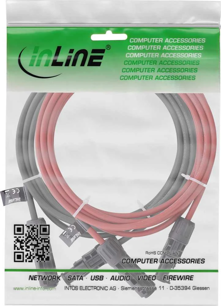 Saulės elektrinės kabelio ilginimo rinkinys InLine® su saulės jungtimi, 6 mm², juodas/raudonas, 7,5 m