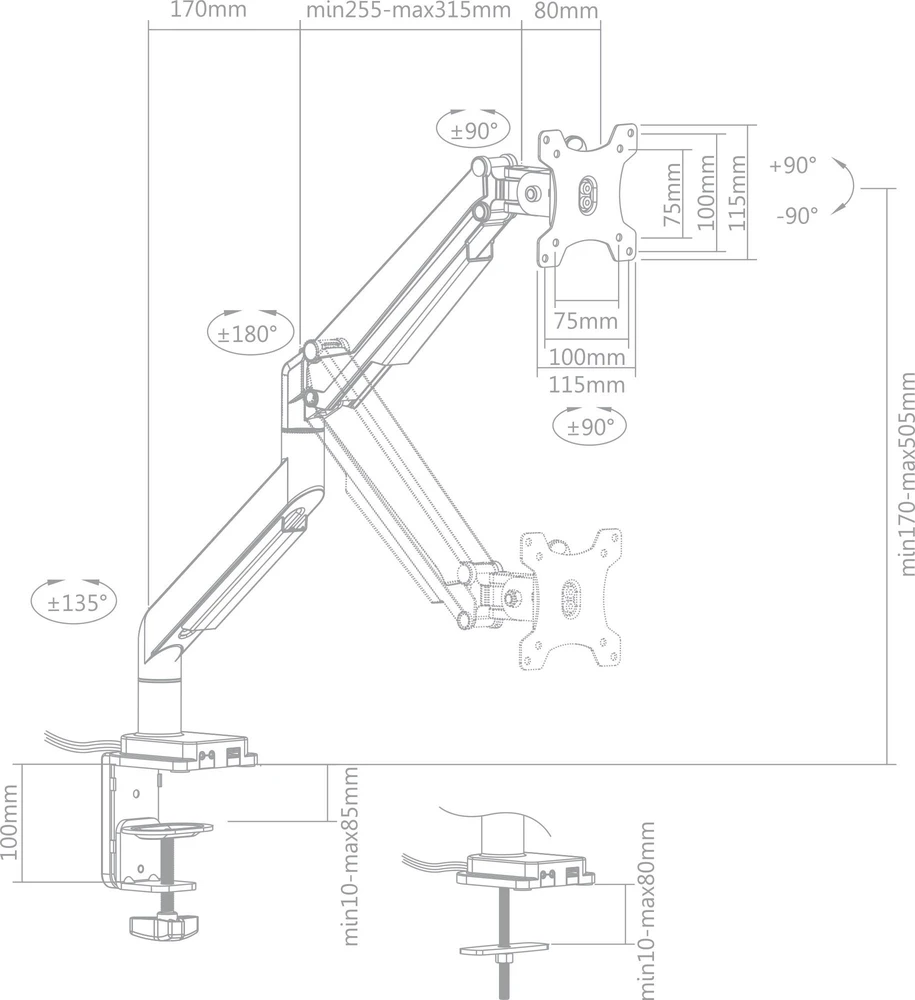 InLine® darbalaukio laikiklis su keltuvu ir judančiu USB/Audio televizorių / ekranų iki 82cm 32'' montavimui, maks. 9kg