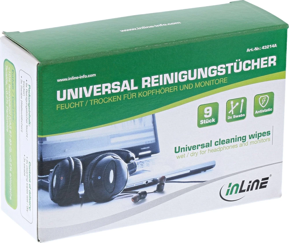 Valiklis „InLine ®“ universalios drėgnos/sausos valymo servetėlės ausinėms ir monitoriams