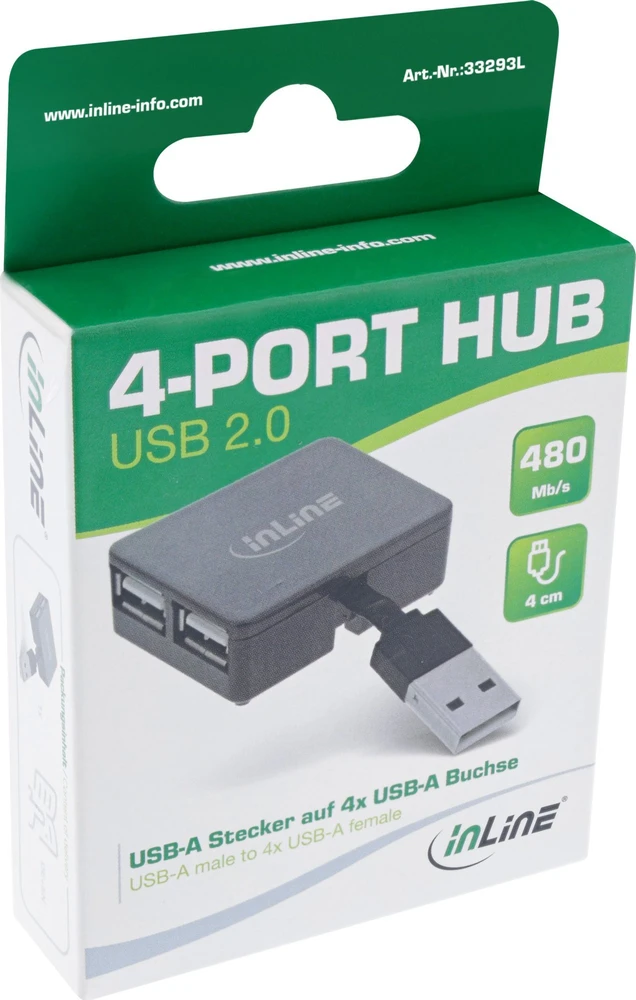 InLine® USB 2.0 4 prievadų šakotuvas, USB-A kištukas iki 4x USB-A lizdas, juodas, 4 cm, plonas dizainas