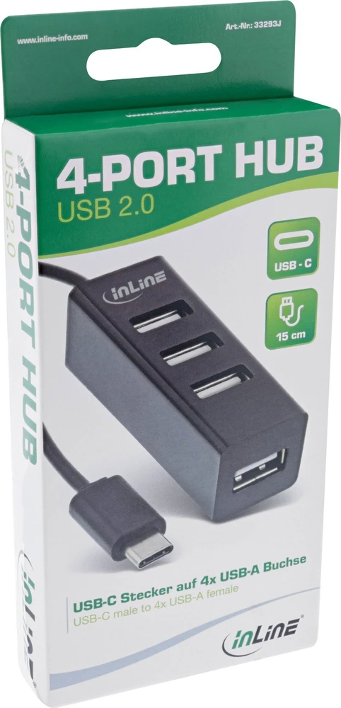 InLine® USB 2.0, 4 prievadų šakotuvas, USB-C kištukas iki 4x USB-A lizdas, juodas, 15 cm, plonas dizainas