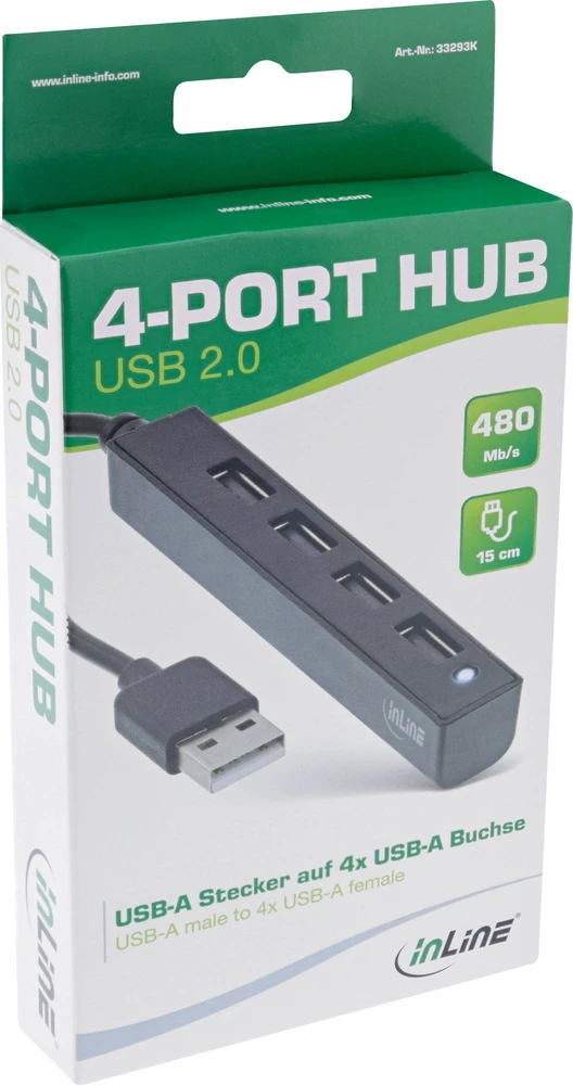 InLine® USB 2.0 HUB, 4 prievadai, USB-A kištukas iki 4x USB-A lizdas, juodas, 15 cm, plonas dizainas