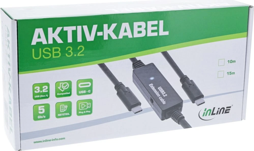 InLine® USB 3.2 Gen.1 aktyvus kabelis, USB-C kištukinis lizdas su USB-C kištuku, 10 m