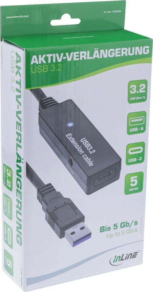 InLine® USB 3.2 Gen.1 aktyvus plėtinys, USB-A kištukas į USB-C lizdą, 5 m