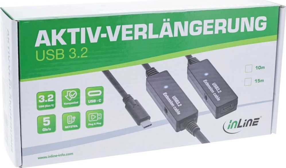 InLine® USB 3.2 Gen.1 aktyvus plėtinys, USB-C kištukas iki USB-C lizdas, 15 m