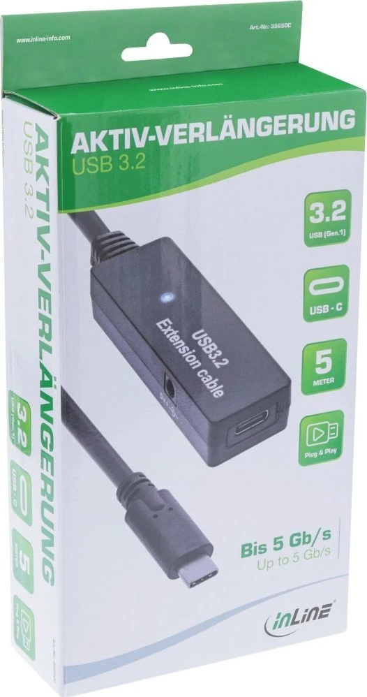InLine® USB 3.2 Gen.1 aktyvus plėtinys, USB-C kištukas iki USB-C lizdas, 5 m