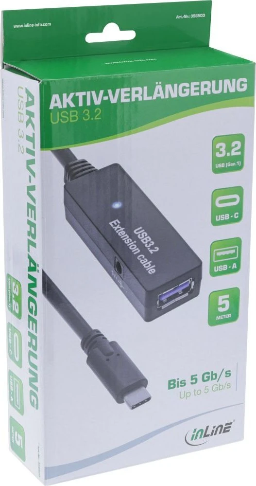 InLine® USB 3.2 Gen.1 aktyvus plėtinys, USB-C kištukinis USB-A lizdas, 5 m