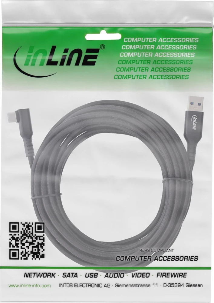InLine® USB 3.2 Gen.1 laidas, USB-C kištukas kampu - USB-A kištukas skirtas VR, juodas, 5 m