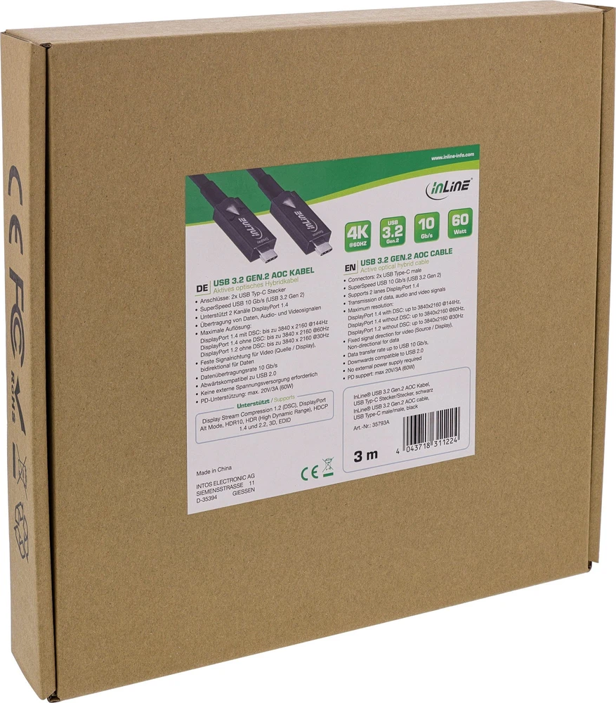 InLine® USB 3.2 Gen.2 AOC laidas, C tipo USB kištukas/vyras, juodas, 15 m