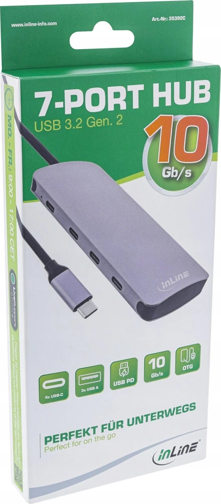 InLine® USB 3.2 Gen.2 Hub, 4x USB-C + 3x USB-A, PD 100W, aliuminis, pilka