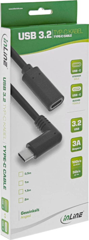 InLine® USB 3.2 kabelis, C tipo kištukas kampu į moterišką, juodas, 0,5 m