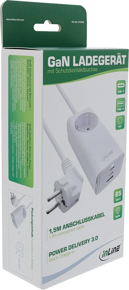 InLine® USB maitinimo šaltinis, 65 W įkroviklis, 2x USB-C + 1x USB-A, su apsauginiu lizdu ir 1,5 m laidu, PD3.0 PPS GaN, balta
