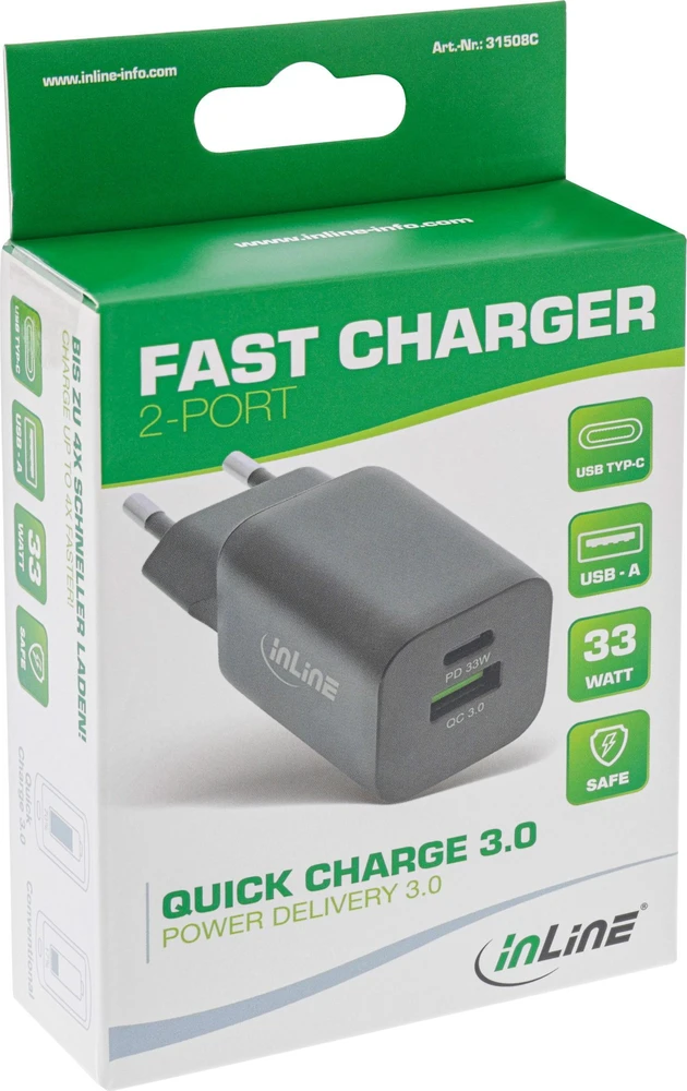 InLine® USB maitinimo šaltinis, įkroviklis, USB-A + USB Type-C, 33W, maitinimo tiekimas + greitas įkrovimas